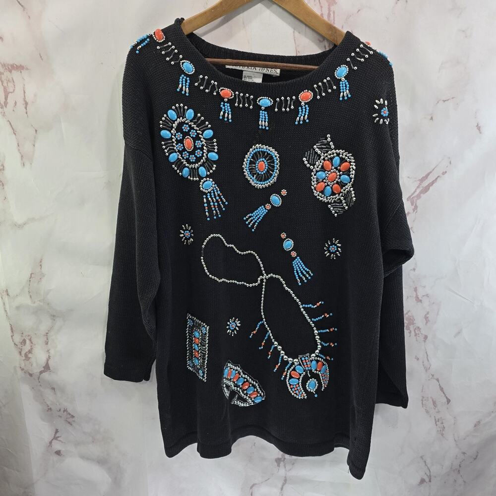 Vintage Sweater Womens XL Black Beaded Turquoise Native Southwestern